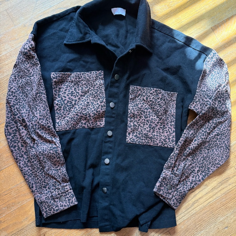 Pink Lily Black and Leopard Print Jean Jacket